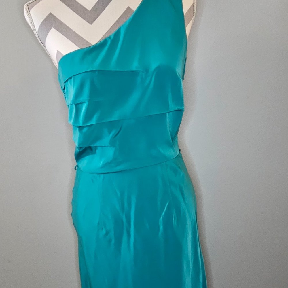 Teal one-shoulder silk dress